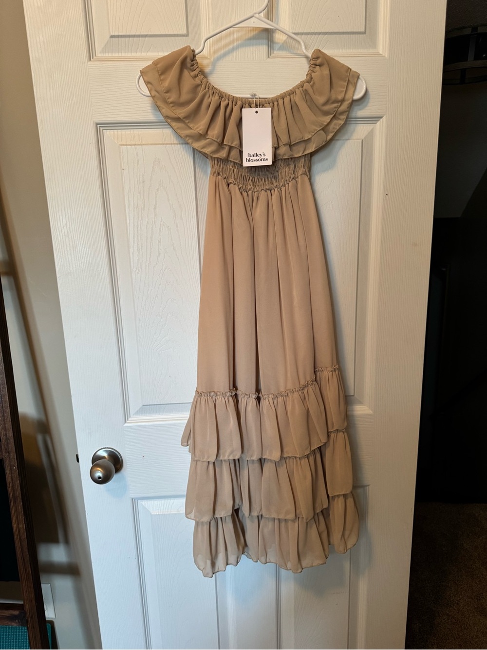 Bailey's Blossoms Beige Ruffled Off-Shoulder Girls Dress